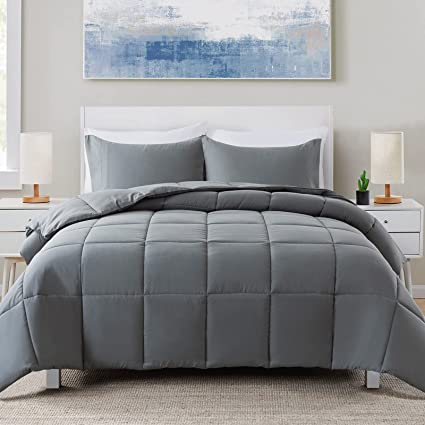 Cosybay 3 Piece Comforter Set- Quilted Ultra-Soft Microfiber- Lightweight Down Alternative Comforter with Shams- All-Season Bedding Set-King, Dark Grey