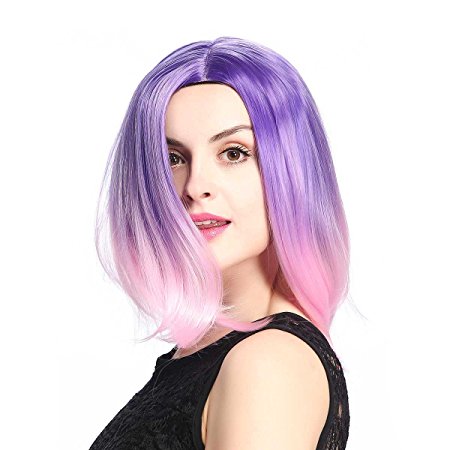 KISSPAT Purple/Pink Ombre Wig, Pretty Colors Synthetic Wig, Free Wig Cap & Storage Box(12" Bob Style)