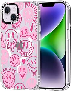 MOSNOVO Compatible with Magsafe Designed for iPhone 14 Plus Case, [Buffertech 6.6 ft Drop Impact] Shockproof TPU Protective Bumper with Hard Back Pink Smiles Face Phone Case - Clear