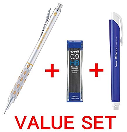 Pentel Graph Gear 1000 Automatic Drafting Pencil, 0.9mm Lead Size, Brushed Metal Barrel/PG 1019/   Pentel Ain Clic Retractable Pen-type Triangle Eraser   Strength & Deep & Smooth Uni 0.9mm HB Top quality Diamond Infused Leads [Nano Dia-36 Leads] for Professional Value Set