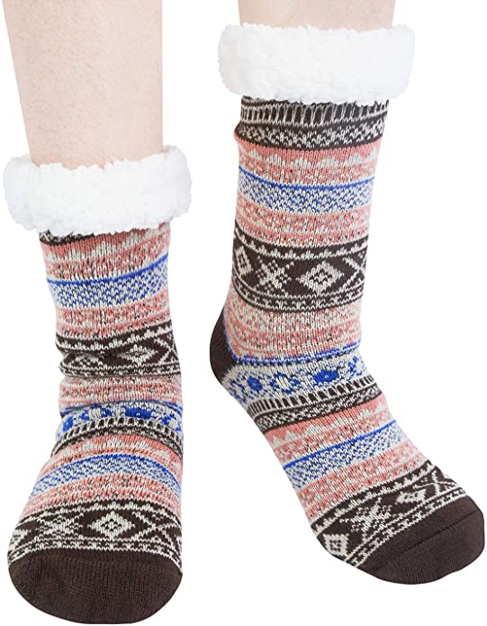YSense Womens Winter Warm Thick Knit Sherpa Fleece Lined Christmas Cozy Fuzzy Slipper Socks With Grippers