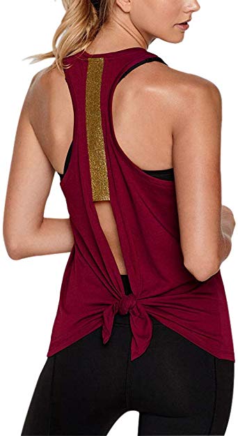 Ersuely Women's Cute Tie Knot Back Sports Tank Slim Fit Workout Vest Top with Glitter Ribbon