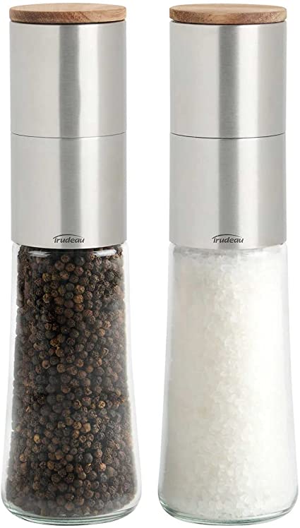 Trudeau Pro Chef Salt & Pepper Grinder Mills Stainless Steel/Glass with Acacia Wood Cap- 2 Pieces
