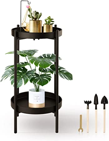 Amasava Plant Stand for Indoor Plants 2-Tiered Tall Plant Stand Metal Plant Shelf Indoor 20 inches Plant Holder with 2 Removable Pot Plate Planter Display for Indoor Outdoor Home Decoration (Black)