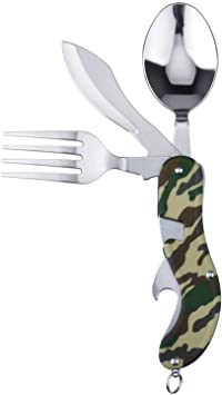 Powerdelux Camping 4-in-1 Fork Knife Spoon Bottle Opener Set，Stainless Steel Camping Utensils Cutlery Set, Foldable Camping Flatware for Picnic Travel Hiking BBQ