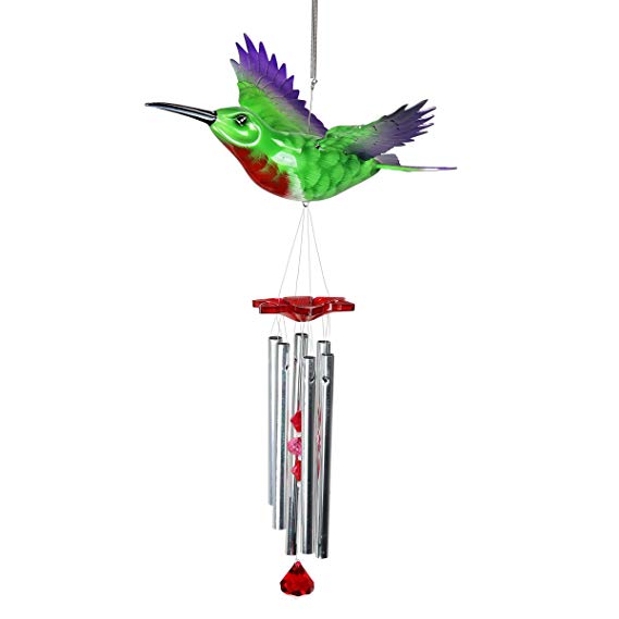 Exhart Outdoor Wind Chimes - WindyWings 12" Hummingbird w/ Flapping Wings Musical Wind Chimes  - Durable Plastic Green Bird Decor & Metal Pipes,  Large Windchimes (12'' W x 10'' H x 24'' H)