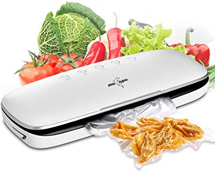White Dolphin Vacuum Sealer Machine Food Saver Storage Automatic Air Sealing System Sous Vide Cooking Seal A Meal Dry Moist Modes Preservation Portable Suction Hose and 10 pcs Bags BPA Free