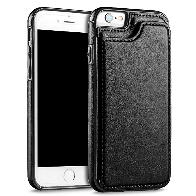 UEEBAI Case for iPhone 6 6S, Luxury PU Leather Case with [Two Magnetic Clasp] [Card Slots] Stand Function Durable Shockproof Soft TPU Case Back Wallet Flip Cover for iPhone 6/6S - Black