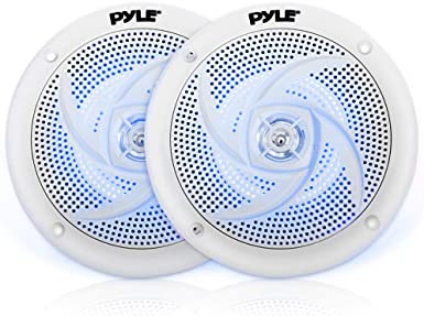 Low-Profile Waterproof Marine Speakers - 240W 6.5 Inch 2 Way 1 Pair Slim Style Waterproof Weather Resistant Outdoor Audio Stereo Sound System w/Blue Illuminating LED Lights - Pyle (White)