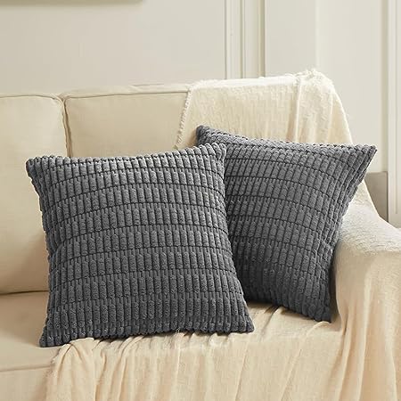 Fancy Homi 2 Packs Dark Grey Decorative Throw Pillow Covers 18x18 Inch for Living Room Couch Bed Sofa, Rustic Farmhouse Boho Home Decor, Soft Striped Corduroy Square Cushion Case 45x45 cm