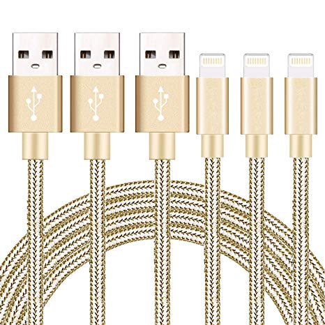 Aonsen Phone Cable 3Pack 10FT Nylon Braided USB Charging & Syncing Cord Compatible with Phone XS MAX XR X 8 8 Plus 7 7 Plus 6s 6s Plus 6 6 Plus - Gold