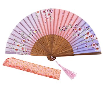 Amajiji Charming Elegant Modern Woman Handmade Bamboo Silk 8.27" (21cm) Folding Pocket Purse Hand Fan, Collapsible Transparent Holding Painted Fan with Silk Pouches/ Wrapping. (CZT-02)