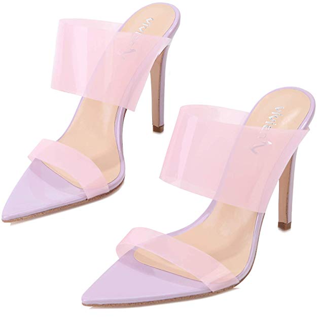vivianly Sexy Clear High Heels Transparent Strap Mules Pointed Toe Stilettos Slip on Dress Heel Sandals for Women