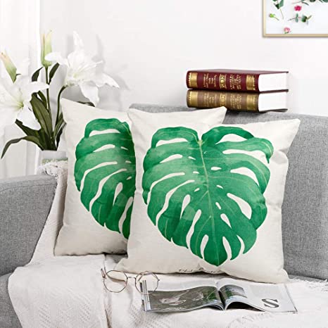 Tropical Leaves Throw Pillow Cover Decorative Cotton Linen Burlap Square Cushion Cover Pillowcase for Summer Couch Home Decoration Pack of 2 20 x 20 Inch
