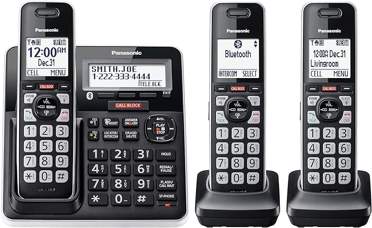 Panasonic Cordless Phone with Advanced Call Block, Link2Cell Bluetooth, One-Ring Scam Alert, and 2-Way Recording with Answering Machine, 3 Handsets - KX-TGF973B (Black with Silver Trim)