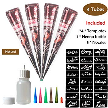 COKOHAPPY Temporary Tattoo Kit, 4 Tube Nature Paste Cone Indian Body Art Painting Drawing with 24 x adhesive Stencil, 1 x Applicator Bottle and 5 x Plastic Nozzle