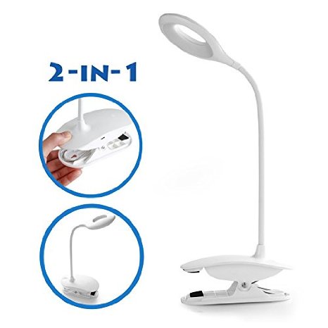 UnicornTech TL-15 Clip Desk Lamp 2-IN-1 Stand on Own  Clip Everywhere Touch LED USB Rechargeable Dimmable Portable Lightweight Table Reading Study Bedside Light Lamp Power Adapter for Free Gift