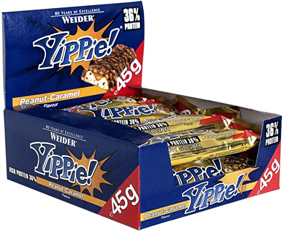 Weider Yippie! Protein Bar, Peanut-Caramel  Europe's Favorite Protein Bar, Great Taste, Perfect Snack, 12 Pack, 45g
