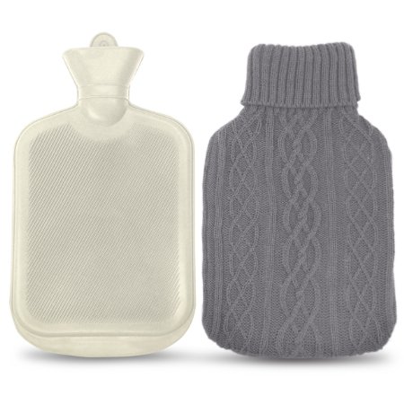 AZMED Classic Hot Water Bottle Made of Premium Rubber, Ideal for Quick Pain Relief and Comfort, Knitted Grey Bottle Cover Included, 2 Liters, White