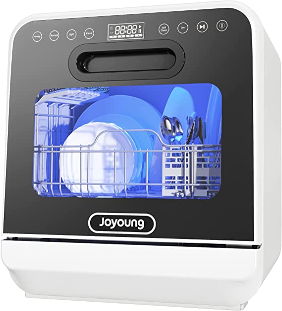 JOYOUNG Portable Dishwasher Countertop with 5L Build-in Water Tank, 5 Washing Programs and Air-Dry Function, 360° Dual Spray Arms, Compact Size and Large Capacity for a Family of 6