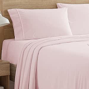 Flannel Sheets King Size Warm and Cozy Deep Pocket Breathable All Season Bedding Set with Fitted with Full Elastic & Built in Corner Sheet Straps, Flat and Pillowcases, King, Pale Pink