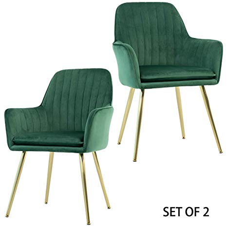 GOLDEN BEACH Set of 2 Elegant Velvet Dinning Chair Mid-Back Support Accent Arm Chair Modern Leisure Upholstered Chair with Gold Plating Legs (Royal Green)