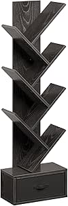 Rolanstar Bookshelf with Drawer, 7 Shelf Tree Bookshelf, Wooden Bookshelves Storage Rack for CDs/Movies/Books, Black Bookcase, Utility Organizer Shelves for Living Room, Bedroom