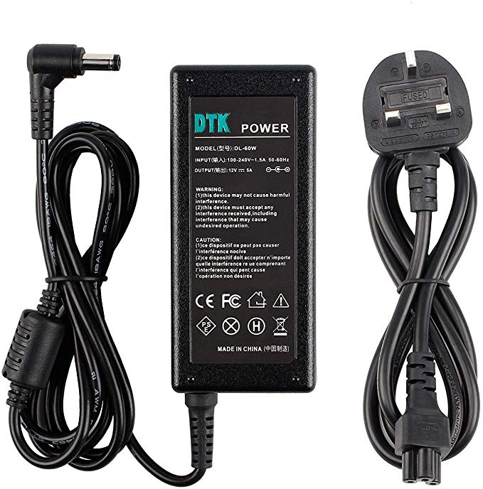 DTK® Mains AC Adapter Charger Power Supply for LCD TFT Monitors, TVs, DVDTVs, and other Equipments Output 12V 5A 60W Power Cord Connector size: 5.5mm X 2.5mm