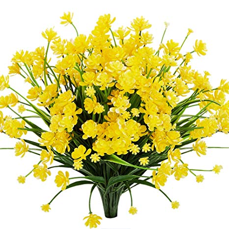 TEMCHY Artificial Daffodils Fake Flowers, 4 Bundles Yellow UV Resistant Faux Greenery Foliage Plants Shrubs for Garden, Wedding, Outside Hanging Planter, Farmhouse Indoor Outdoor Decor