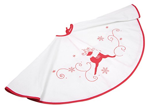 White Christmas Tree Skirt by Clever Creations | Red Embroidery with Leaping Reindeer | Traditional Theme Festive Holiday Design | Contain Needle and Sap | Perfect Size for Any Tree | 39" Diameter