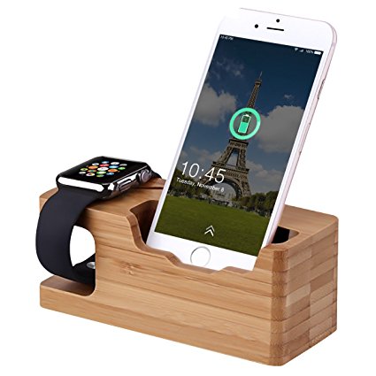 Watch Charging Bracket, M.Way Bamboo Wooden Charging Stand for Apple Watch,3.0 Hub Charger Cradle Holder/Dock for iPhone,Samsung,Android,All Smartphone,3 USB Ports 5V 3A