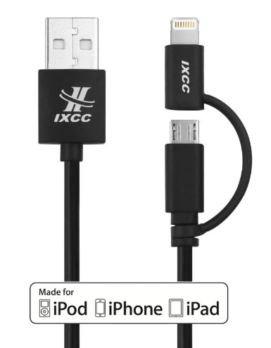 iXCC Element Series Apple MFi Certified 2 in 1 Dual Connector Lightning to MicroUSB Sync and Charge Cable for Smartphones and Tablets - 3 Feet 09 Meters - Standard Packaging - Black