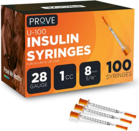 Prove Insulin Syringes, 28 Gauge 1cc 8mm 5/16’’- 100 Count | 100ct Single-use Insulin Syringe with Needle