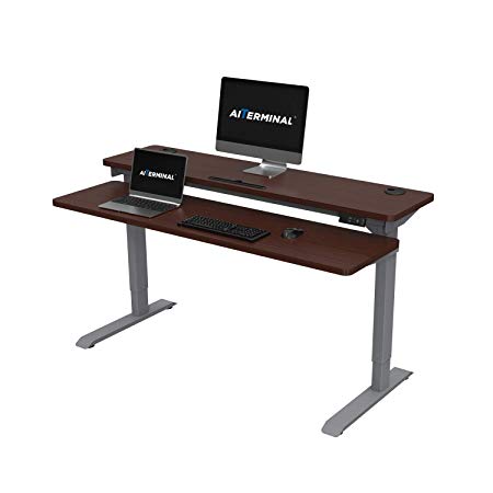 AITERMINAL Electric Stand Up Desk 2 Tiers Dual Motor-Height Adjustable Desk (59", Grey Frame/Walnut Top)