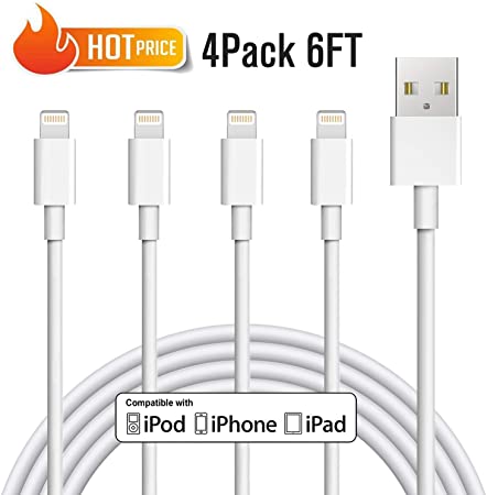 iPhone Charger Cord, 4 Pack 6ft Lightning Cable iPhone Charger Cable MFi Certified Compatible iPhone 11 Xs Max XR X 8 7 6s Plus ipad Mini/Air iPod Pods White