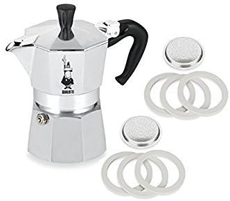 Bialetti Moka Express #06799 3-Cup Espresso Maker Machine and #06960 Bialetti, Six Replacement Gaskets and Two Bialetti Replacement Filter Plates Bundle