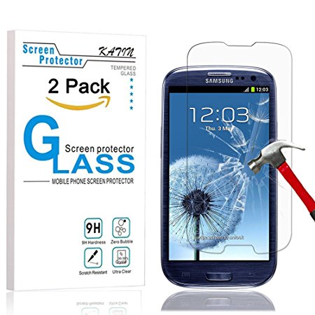 Galaxy S3 Screen Protector - KATIN [2-Pack] Samsung Galaxy S3 III i9300 Premium 9H Tempered Glass 2.5D Round Edge , 3D Touch Compatible with Lifetime Replacement Warranty