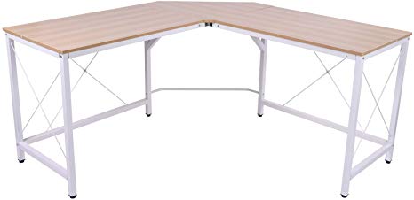 HOMCOM Wood Metal Modern L Shaped Corner Computer Desk - Oak and White