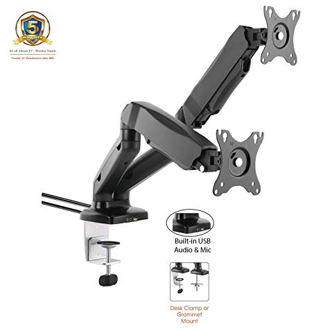 ACGU32D Gas Powered Dual Monitor Arm Stand w/vesa bracket & desk mount clamp & grommet for two 15"-27" LCD : Tilt 135°, swivel & rotate 360°, USB & Audio ports - in Black