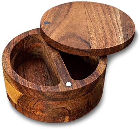 Kaizen Casa handmade Acacia Wood Spice Box with Swivel Cover for easy access, and 2 side-by-side compartments.