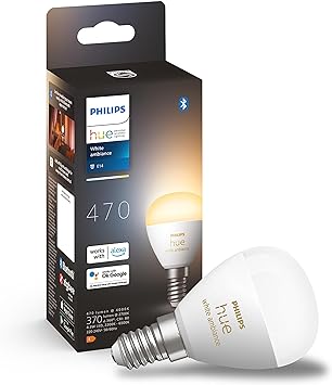 Philips Hue White Ambiance Luster Smart LED Light Bulb 1 Pack [E14 Edison Screw] for Indoor Home Lighting, Livingroom, Bedroom.