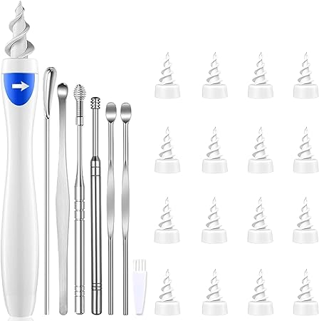 Q Grips Earwax Remover-Spiral Ear Wax Removal Tool, Soft Reusable Earwax Removal Kit with 16 Pcs Soft andSilicone Replaceme, 6 stainless steel Ear Cleaner and 1 cleaning brush, For Deep Cleaner Earwax