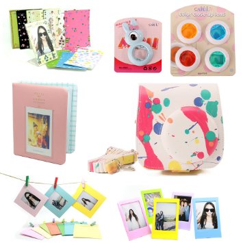 CAIUL 7 in 1 Instax Mini 8/8  Camera Accessories Set (Colorful Painting Instax Mini 8 Case/ Mini Album/ Close-up Selfie Lens/ 4 Colors Close-up Lens/Wall Hang Frames/Film Frame/Film Stickers)