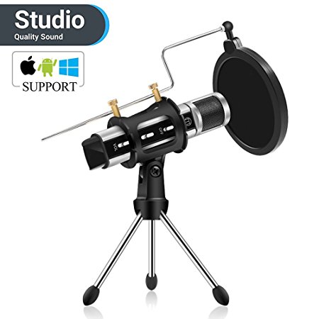 ZealSound Condenser Microphone, Built-in Sound Card and Echo Effect, Plug & Play Home Studio Vocal Recording Karaoke Microphone with Tripod Stand for PC Laptop Tablet and Phone (Silver)