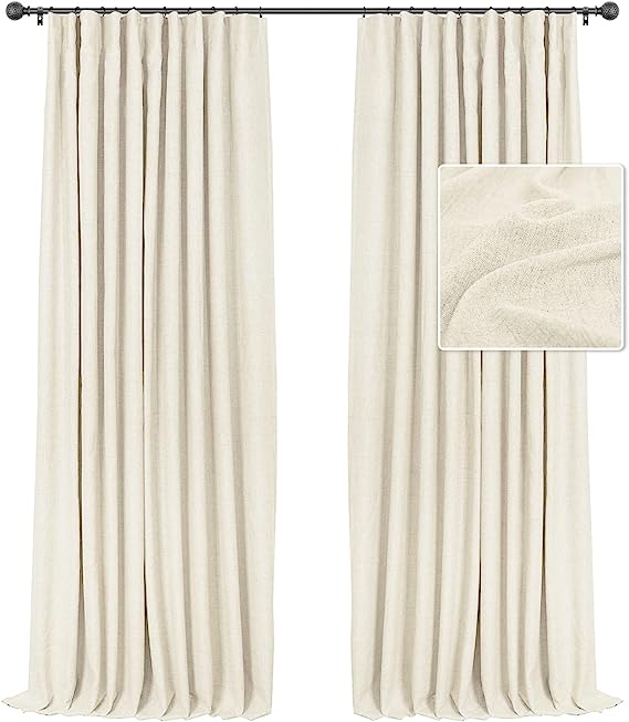 INOVADAY Cream Blackout Curtains 96 Inches Long, 100% Black Out Curtains Linen Textured Thermal Insulated for Bedroom, Nursery, Living Room + 20 Curtain Ring Clips - Cream W50”xL96”