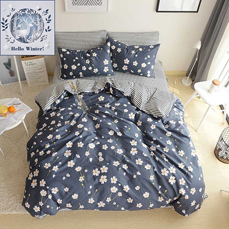 BuLuTu Cotton White Flowers Queen Girls Duvet Cover Set-Breathable & Soft Striped Floral Kids Bedding Cover Sets Full Size 3 Pieces Navy Blue For Teens Adults,1 Duvet Cover and 2 Pillowcases