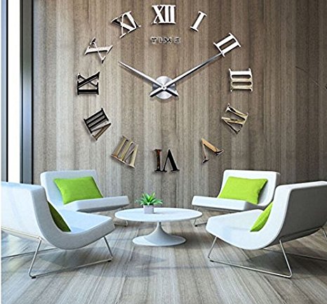 Alrens_DIY(TM)Time Letters Roman Numerals Luxury Large Size Modern DIY Frameless Quartz 3D Large Big Mirror Surface Effect Wall Clock Oversized Clock Removable Home Decoration Living Room Décor Wall Sticker Decal Meeting Room Office Creative Art Watches Decor-3 Colors (Gold)