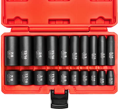 NEIKO 02434A 3/8” Drive Standard and Deep SAE Impact Socket Set | 20 Pieces | SAE 5/16” to 7/8” | Premium Cr-V Steel | 6-Point Hex Design | Black Phosphate Coating