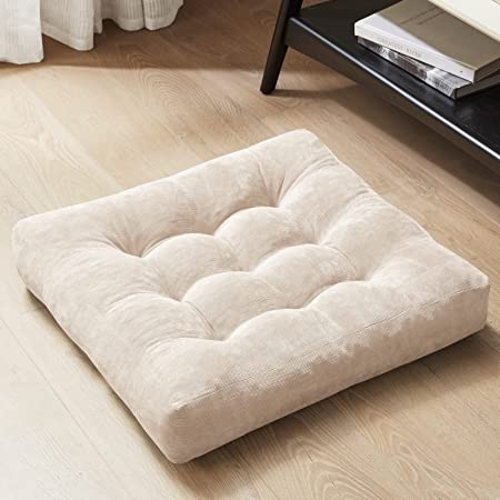 Degrees of Comfort Meditation Floor Pillow, Square Large Pillows Seating for Adults, Tufted Corduroy Floor Cushion for Balcony Bedroom Tatami Living Room, Beige, 22x22 Inch