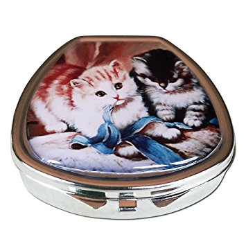 Kitten Design Silver Single Compartment Pocket/Purse/Travel Pill Box